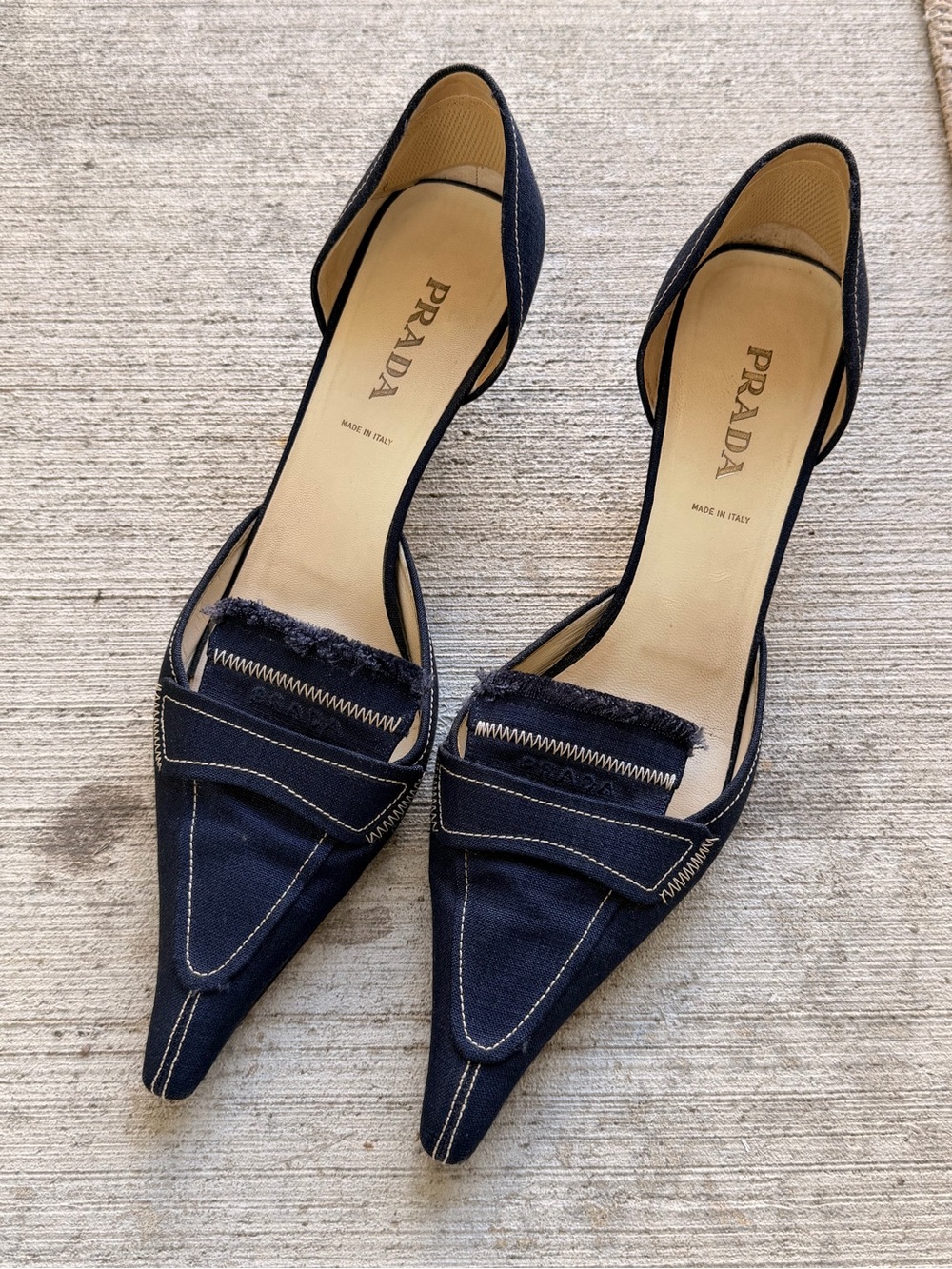 Prada Navy Pointed D'Orsay Heels with Contrast Stitching